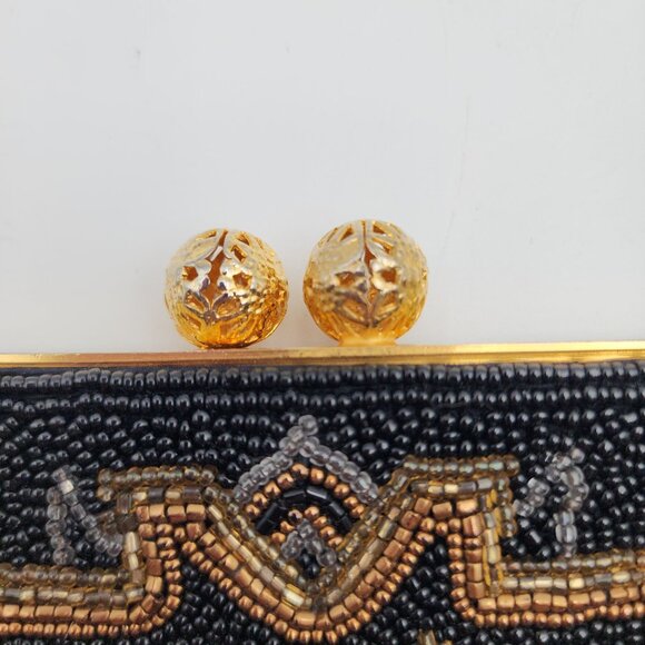 VTG Black & Gold Hand-Beaded Evening Bag Ornate Design & Chain Strap By Walborg - Picture 10 of 16